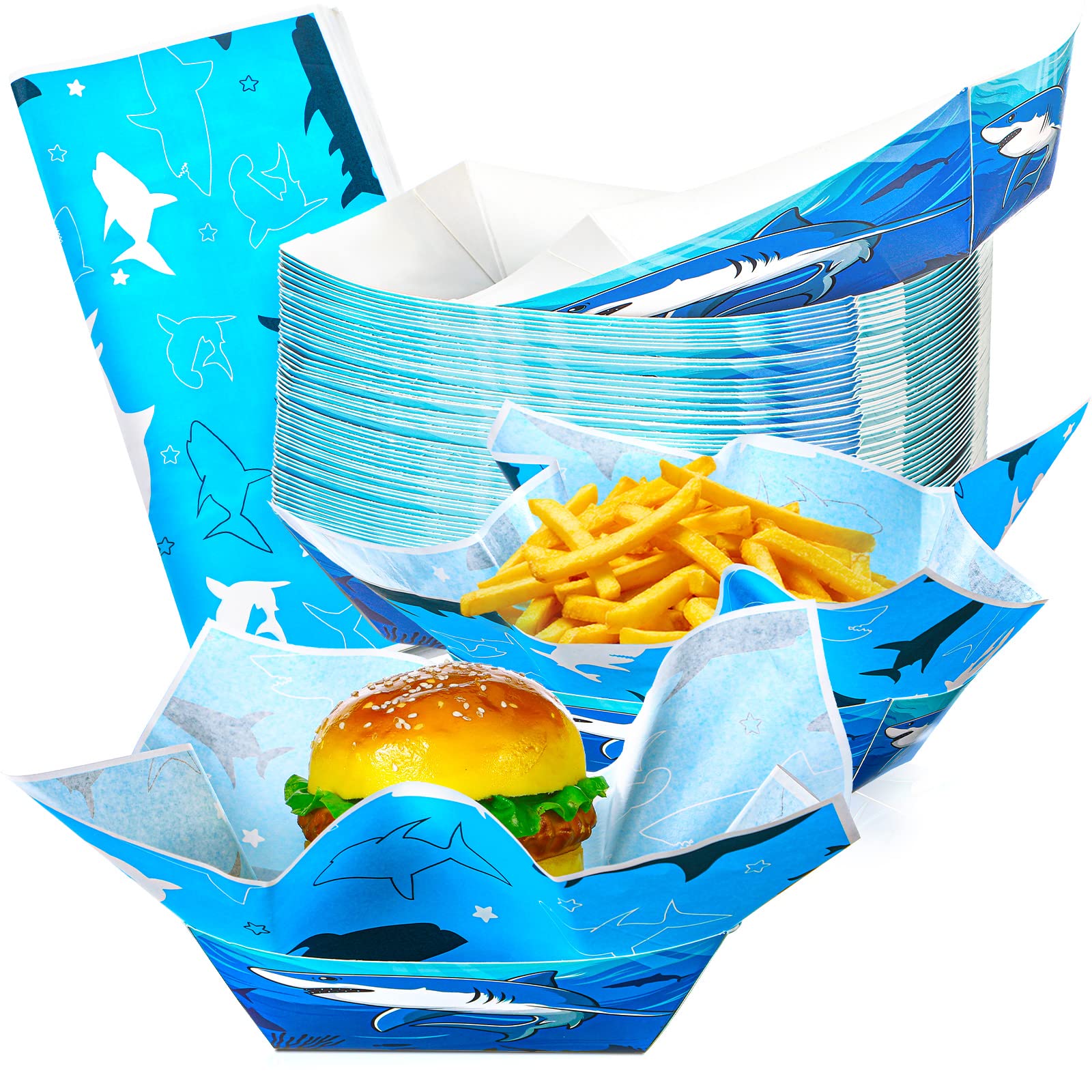 100 Pcs Shark Party Supplies Serves 50, Shark Paper Food Trays Food Boats with Wax Paper Sheets for Birthday Party Shark Party Favors Decoration