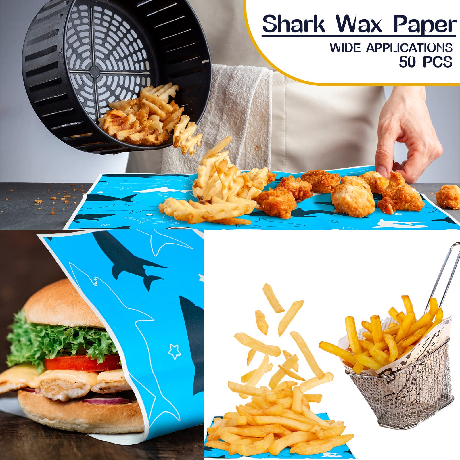 100 Pcs Shark Party Supplies Serves 50, Shark Paper Food Trays Food Boats with Wax Paper Sheets for Birthday Party Shark Party Favors Decoration