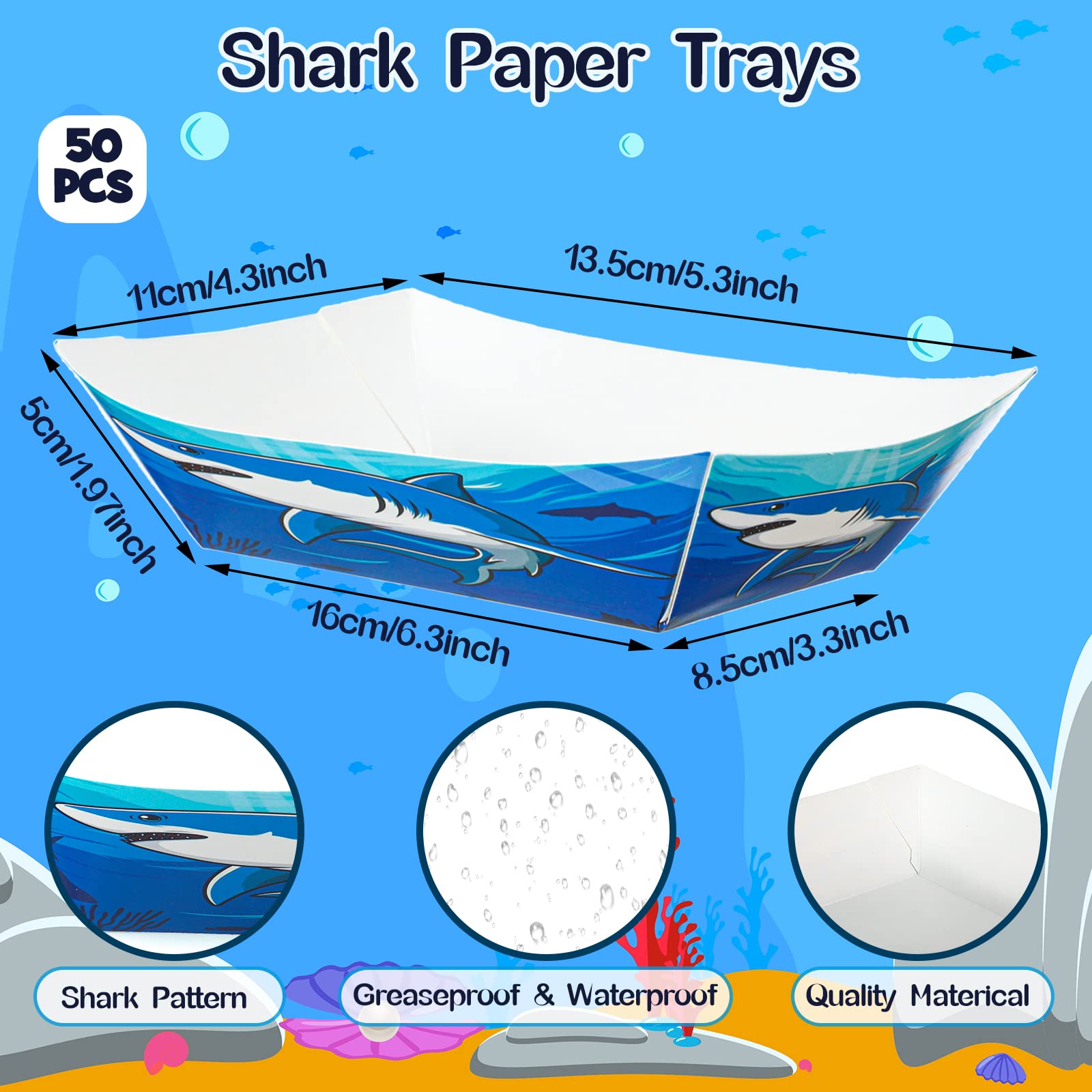 100 Pcs Shark Party Supplies Serves 50, Shark Paper Food Trays Food Boats with Wax Paper Sheets for Birthday Party Shark Party Favors Decoration