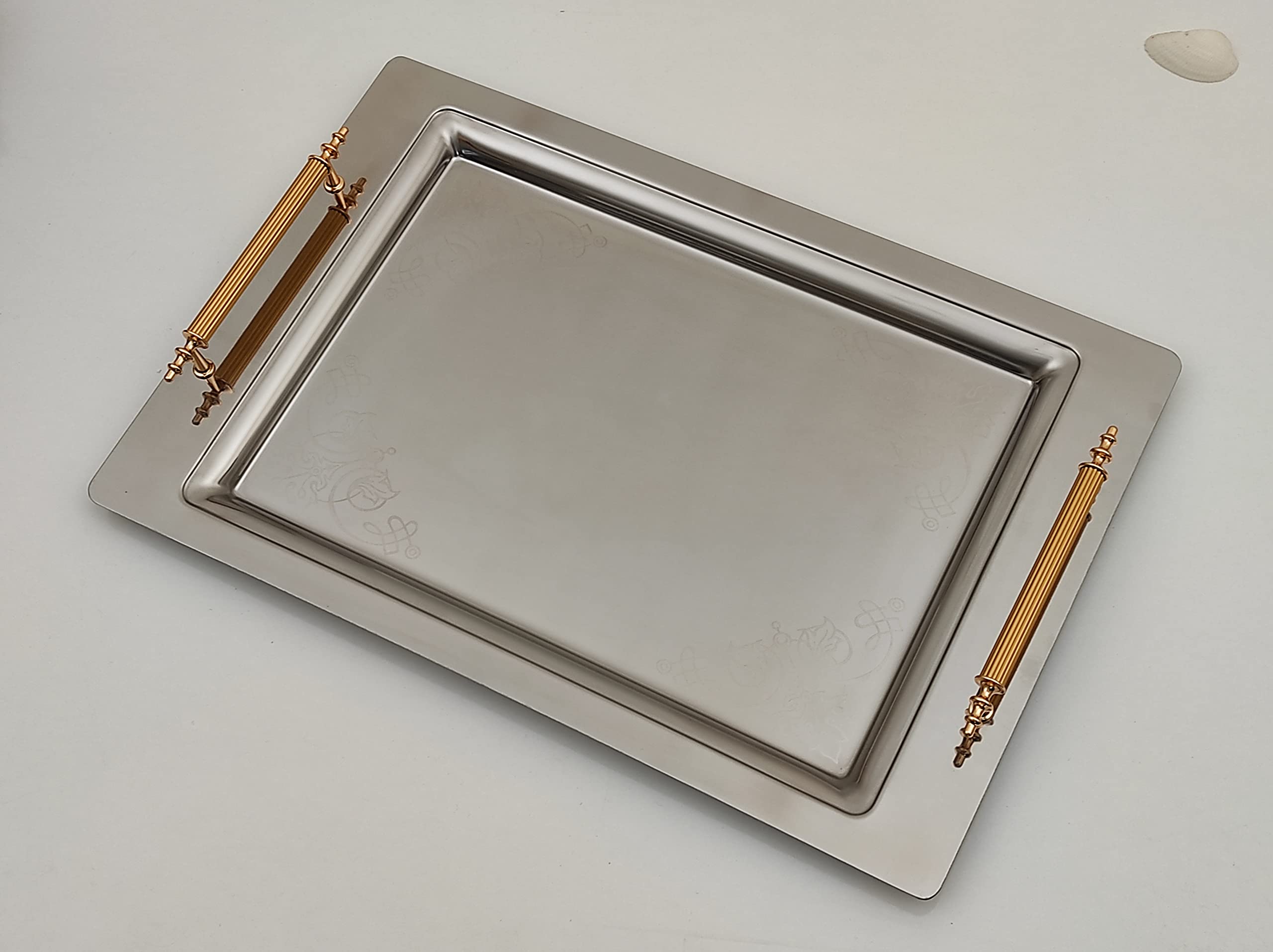 Candymosa Silver Serving Tray with Handles (18”x12”) - Stainless Steel Serving Tray for Drinks and Food - Silver Tray Decorative - Ideal as a Coffee Tray, Bar Tray, Silver Platter or Turkish Tray