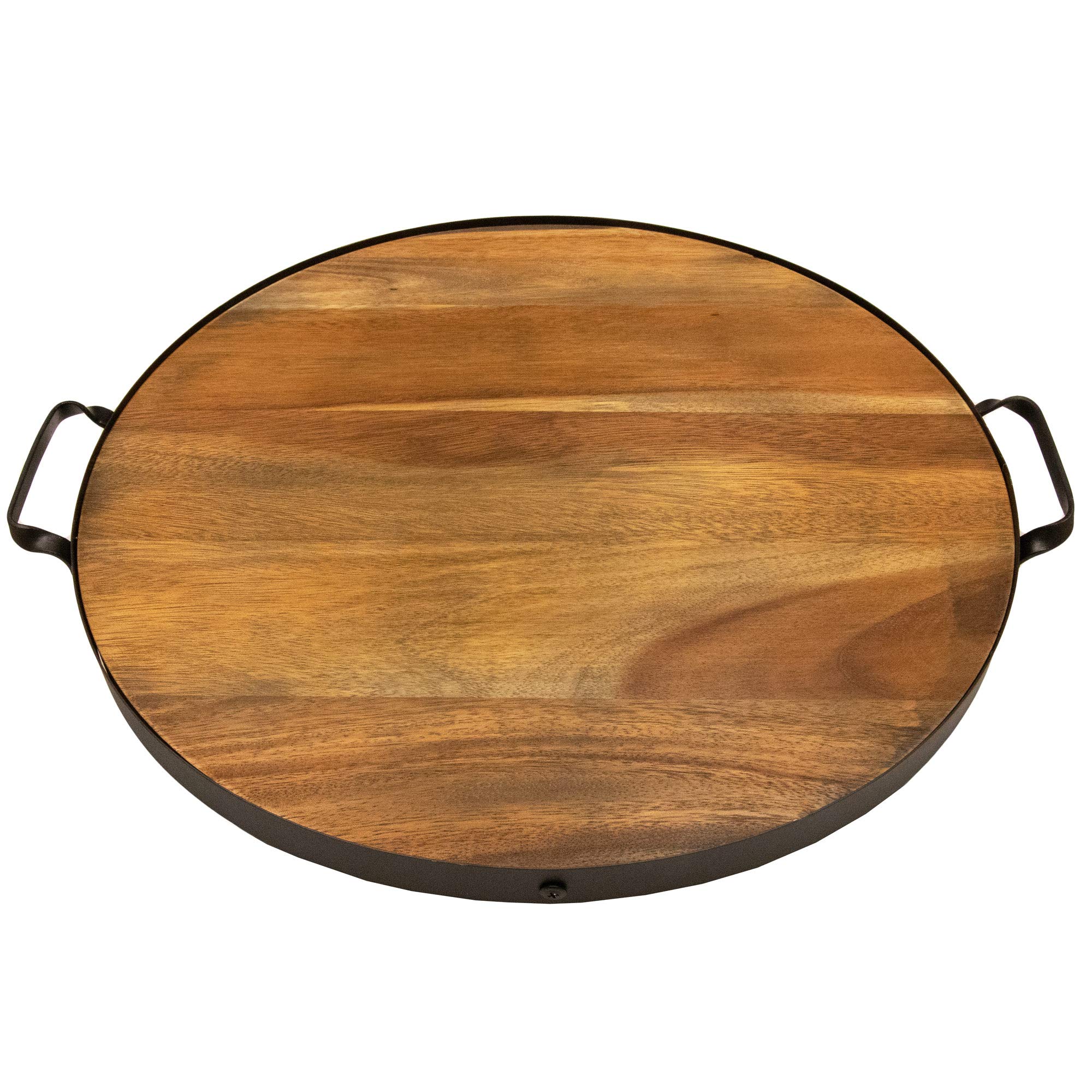 Villa Acacia 18 Inch Round Serving Tray, Solid Wood with Metal Band and Handles