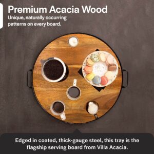 Villa Acacia 18 Inch Round Serving Tray, Solid Wood with Metal Band and Handles