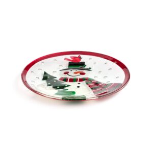 demdaco snowman white, red, and green 11 inch glass christmas round serving plate platter