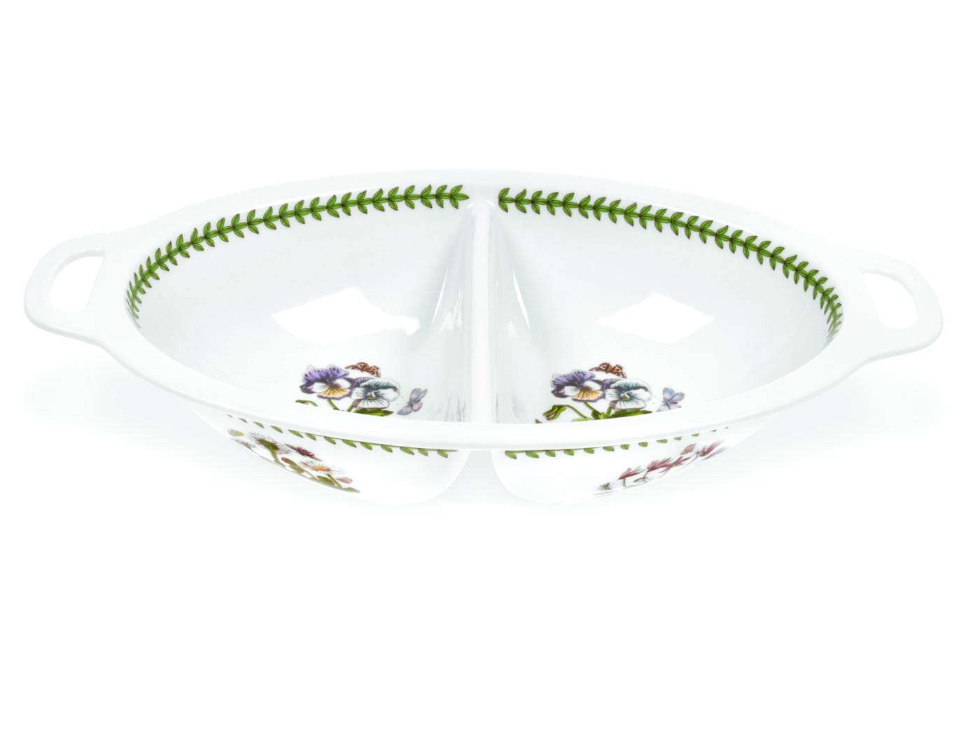 Portmeirion Botanic Garden Divided Vegetable Dish | 15.5 Inch Handled Serving Platter with Pansy Motif | Made from Porcelain | Microwave and Dishwasher Safe