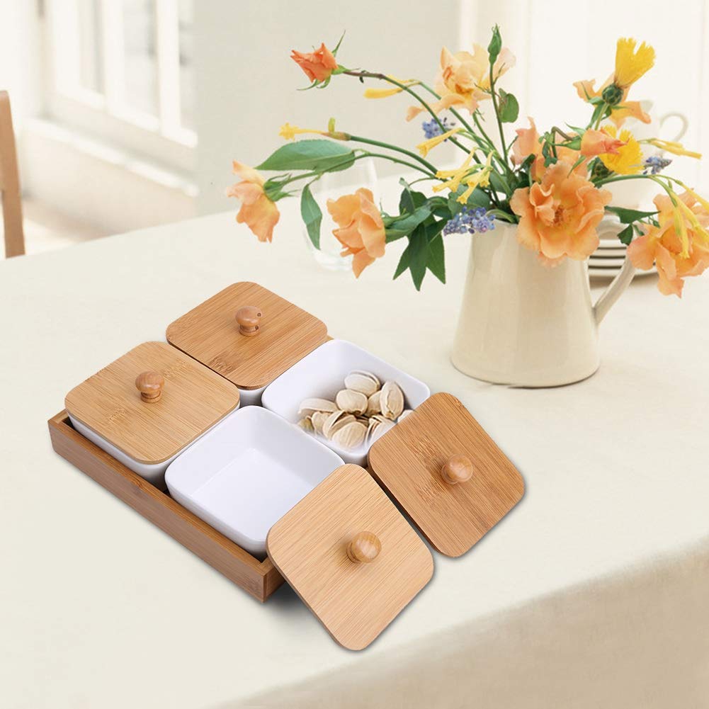 Ceramic Appetizer Serving Plate with Bamboo Tray Cover for Fruits Nuts Desserts fit for Wide Variety of Desktop Decoration(Four compartments with Cover)