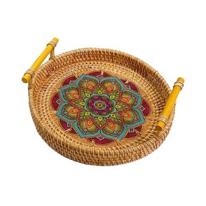 bdsjbj rattan round serving tray,rattan woven round basket decorative woven ottoman trays with handles rustic decorative tray for coffee table dinner party kitchen organizer, blue, 24*24*3cm