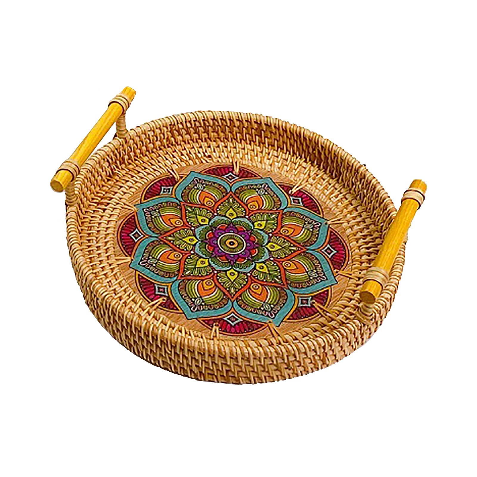 BDSJBJ Rattan Round Serving Tray,Rattan Woven Round Basket Decorative Woven Ottoman Trays with Handles Rustic Decorative Tray for Coffee Table Dinner Party Kitchen Organizer, Blue, 24*24*3CM