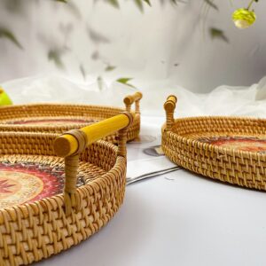 BDSJBJ Rattan Round Serving Tray,Rattan Woven Round Basket Decorative Woven Ottoman Trays with Handles Rustic Decorative Tray for Coffee Table Dinner Party Kitchen Organizer, Blue, 24*24*3CM