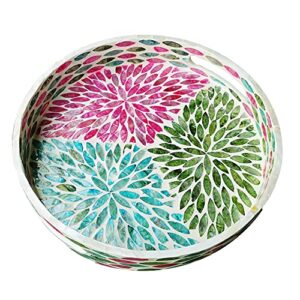 i-lan 16 inch mother of pearl inlay round tray, gorgeous shell wooden decorative serving tray with handles and 2 inch wall, circle lacquer ottoman tray for coffee table, vanity, countertop