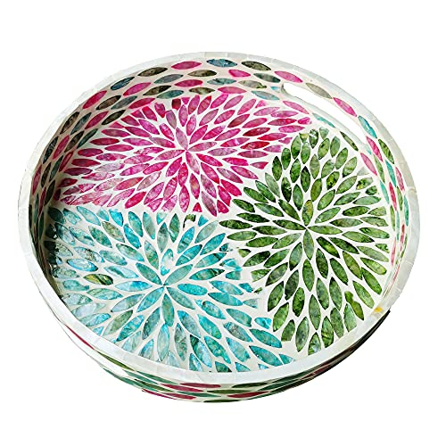 i-lan 16 Inch Mother of Pearl Inlay Round Tray, Gorgeous Shell Wooden Decorative Serving Tray with Handles and 2 Inch Wall, Circle Lacquer Ottoman Tray for Coffee Table, Vanity, Countertop