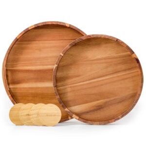 full solid round decorative serving tray | farmhouse style acacia wood trays for ottoman coffee table bath counter organizer tray | kitchen tray platter living room candle decor | for all occasion