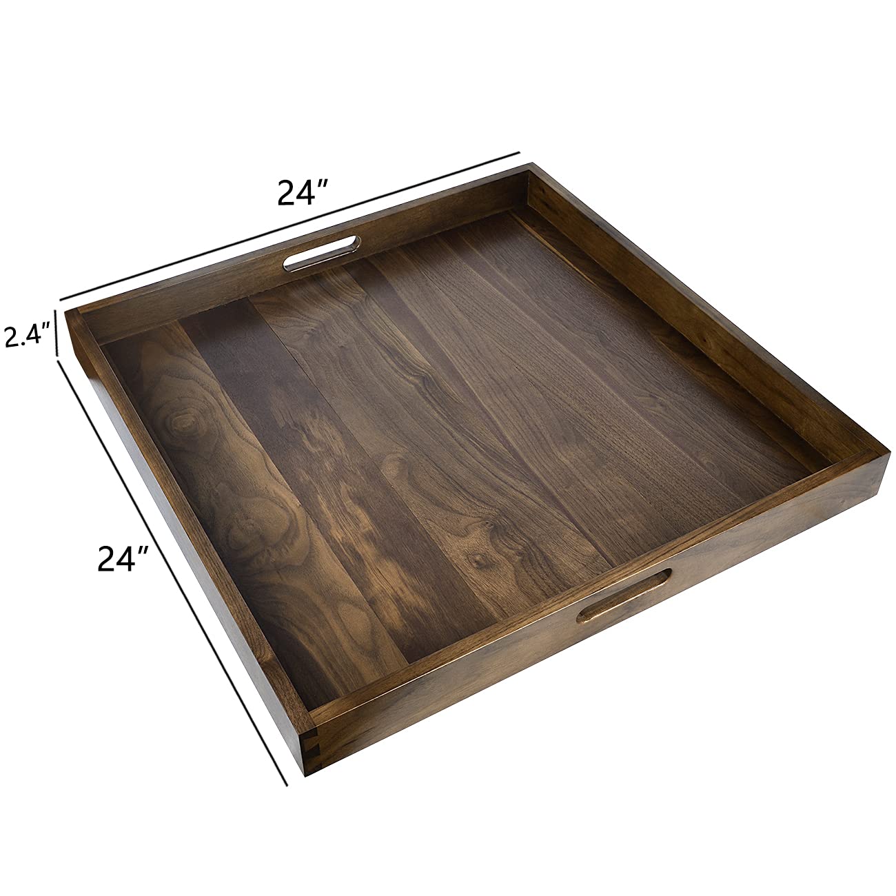 24"x 24" Square Solid Black Walnut Wood Serving Tray Ottoman Tray Extra Large Wood Trays with Handles Wooden Serving Tray for Oversized Ottoman Home Breakfast in Bed Tea Coffee