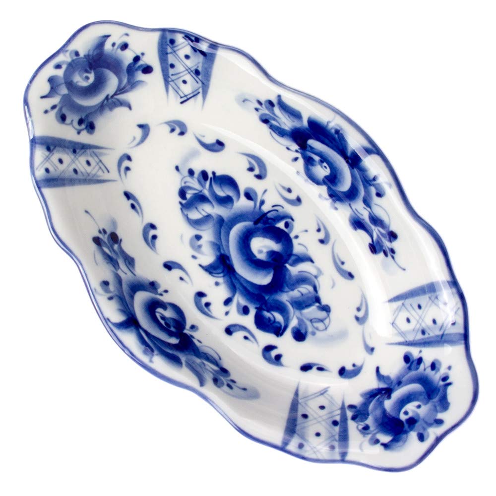 JSC Gzhel 9.8 Inches Hand-painted Porcelain Oval Platter, Grand Serving Platter, Blue and White Porcelain