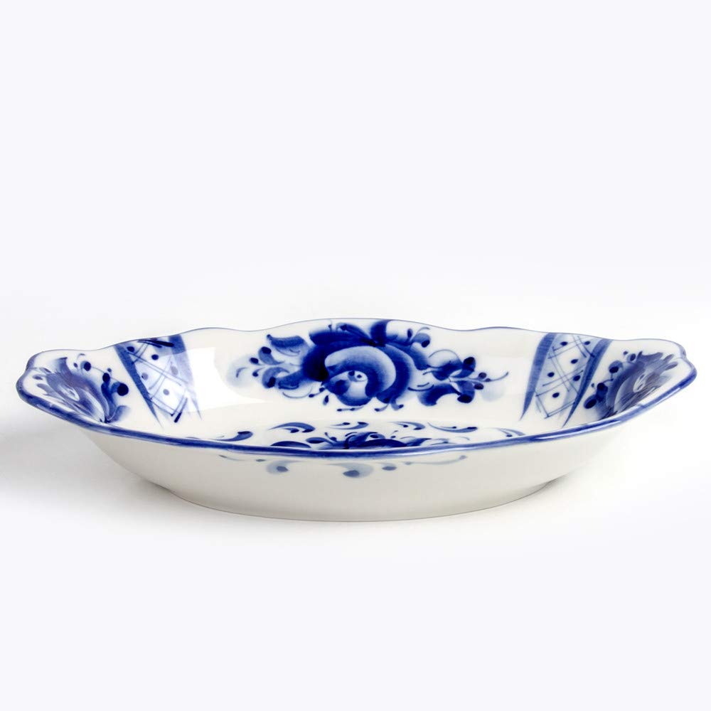 JSC Gzhel 9.8 Inches Hand-painted Porcelain Oval Platter, Grand Serving Platter, Blue and White Porcelain