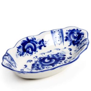 JSC Gzhel 9.8 Inches Hand-painted Porcelain Oval Platter, Grand Serving Platter, Blue and White Porcelain