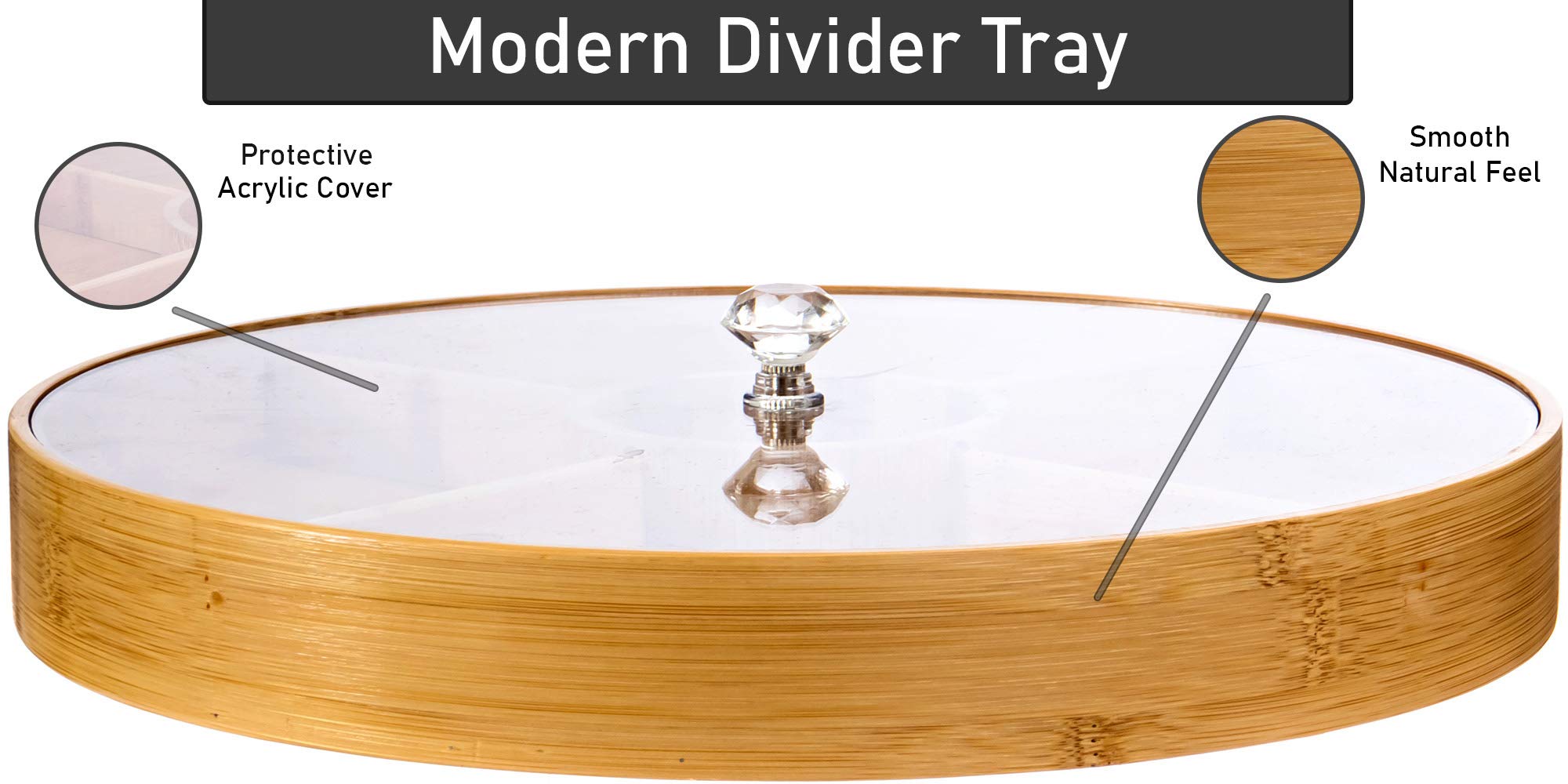 Divided Serving Tray - Bamboo with Acrylic Glass Lid - Appetizer Party Platter - Perfect for Serving Dishes, Serving Platters, Chip and Dip Tray, Veggie Tray, Or Taco Toppings Serving Tray Circle 12"