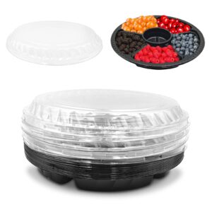 12 pcs round appetizer plastic serving tray with lids and fork, divided candy nut serving plate, disposable fruit dish platter appetizer tray for dried fruit, snack, desserts (black)