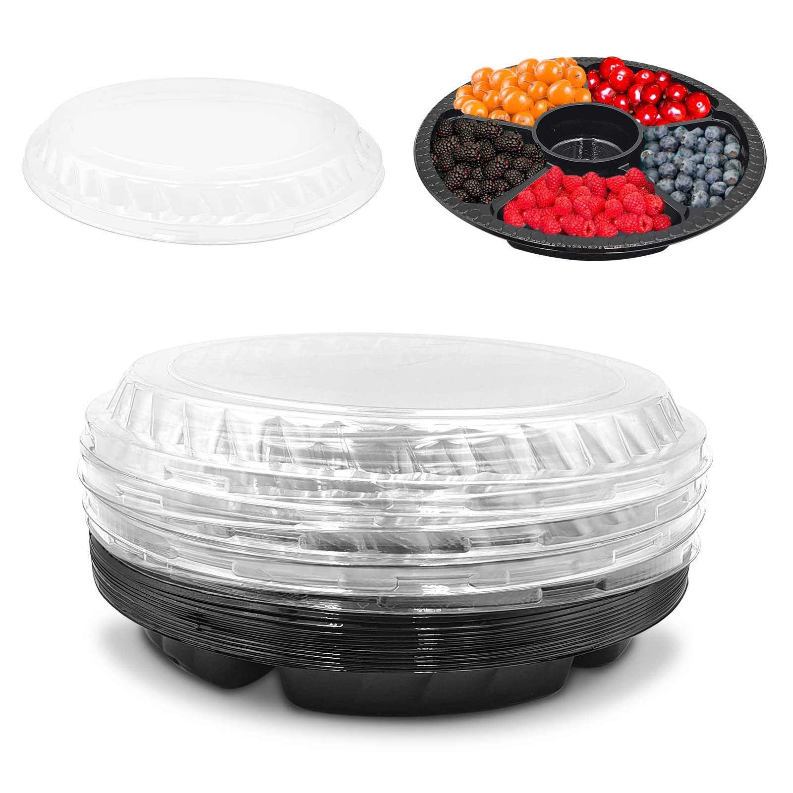 12 PCS Round Appetizer Plastic Serving Tray with Lids and Fork, Divided Candy Nut Serving Plate, Disposable Fruit Dish Platter Appetizer Tray for Dried Fruit, Snack, Desserts (Black)