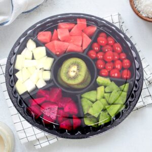 12 PCS Round Appetizer Plastic Serving Tray with Lids and Fork, Divided Candy Nut Serving Plate, Disposable Fruit Dish Platter Appetizer Tray for Dried Fruit, Snack, Desserts (Black)