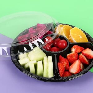 12 PCS Round Appetizer Plastic Serving Tray with Lids and Fork, Divided Candy Nut Serving Plate, Disposable Fruit Dish Platter Appetizer Tray for Dried Fruit, Snack, Desserts (Black)