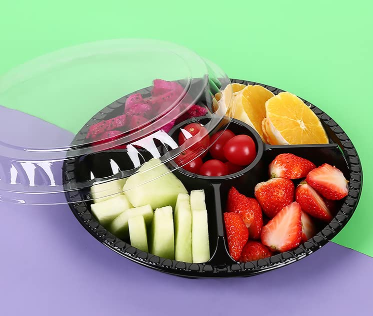 12 PCS Round Appetizer Plastic Serving Tray with Lids and Fork, Divided Candy Nut Serving Plate, Disposable Fruit Dish Platter Appetizer Tray for Dried Fruit, Snack, Desserts (Black)