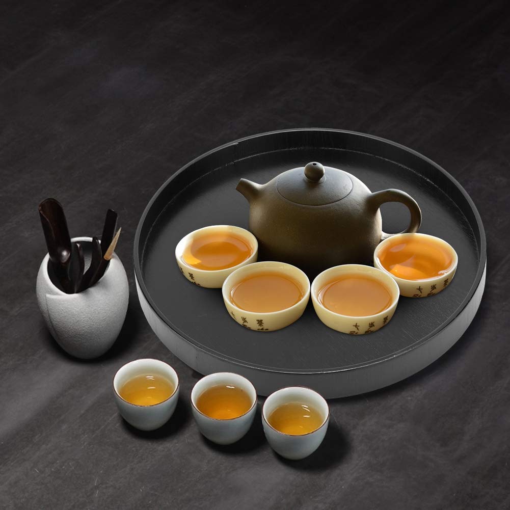 Food Serving Tray Wooden Round Anti-Slip Black Tea Tray Serving Table for Home Shop Office Bar Use(30cm)