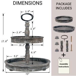 Farmhouse Wooden Two Tier Serving Tray - Wood Two Tiered Tray, 2 Tier Decorative Tray Stand for Cake/Cupcake/Dessert, Rustic Decorative Tiered Tray for All Season for Kitchen/Dining Room/Countertop