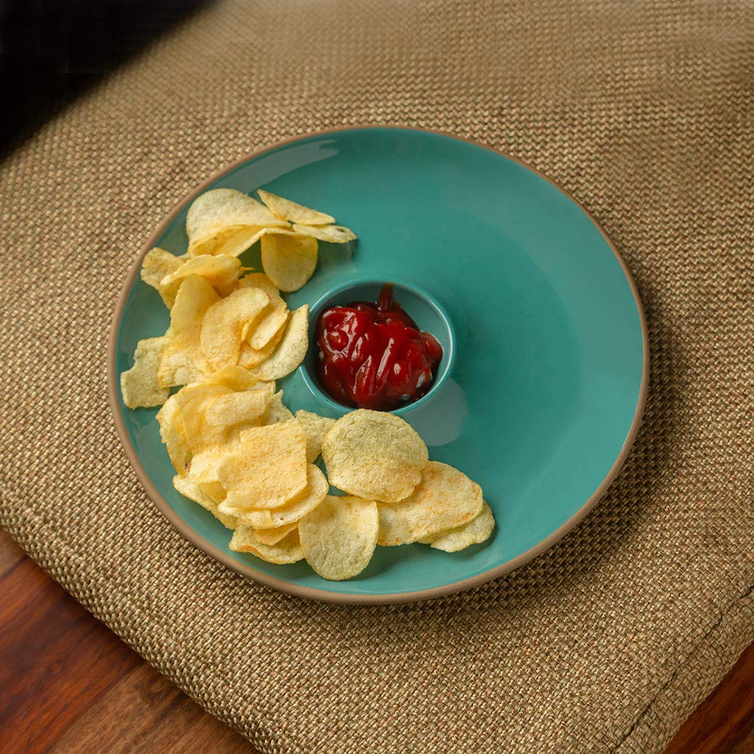 ExclusiveLane 'Earthen Turquoise' Hand Glazed Ceramic Chip and Dip Serving Platter with Dip Bowl for Parties, Salsa, Guacamole | Chip and Dip Platter for Appetizers, Hummus, Nacho (Microwave Safe)