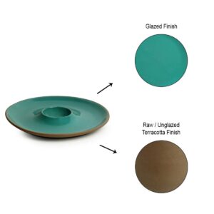 ExclusiveLane 'Earthen Turquoise' Hand Glazed Ceramic Chip and Dip Serving Platter with Dip Bowl for Parties, Salsa, Guacamole | Chip and Dip Platter for Appetizers, Hummus, Nacho (Microwave Safe)