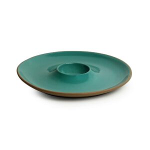 ExclusiveLane 'Earthen Turquoise' Hand Glazed Ceramic Chip and Dip Serving Platter with Dip Bowl for Parties, Salsa, Guacamole | Chip and Dip Platter for Appetizers, Hummus, Nacho (Microwave Safe)