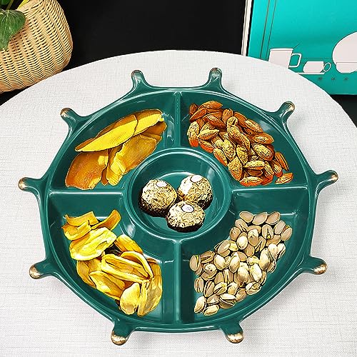 YA JU Ceramics Candy and Nut Serving Container, Appetizer Tray with Lid, 5 Compartment Round Ceramics Food Platters Divided Dish Platter, 13.8-Inch Best Gift for Christmas, Birthday and Marriage