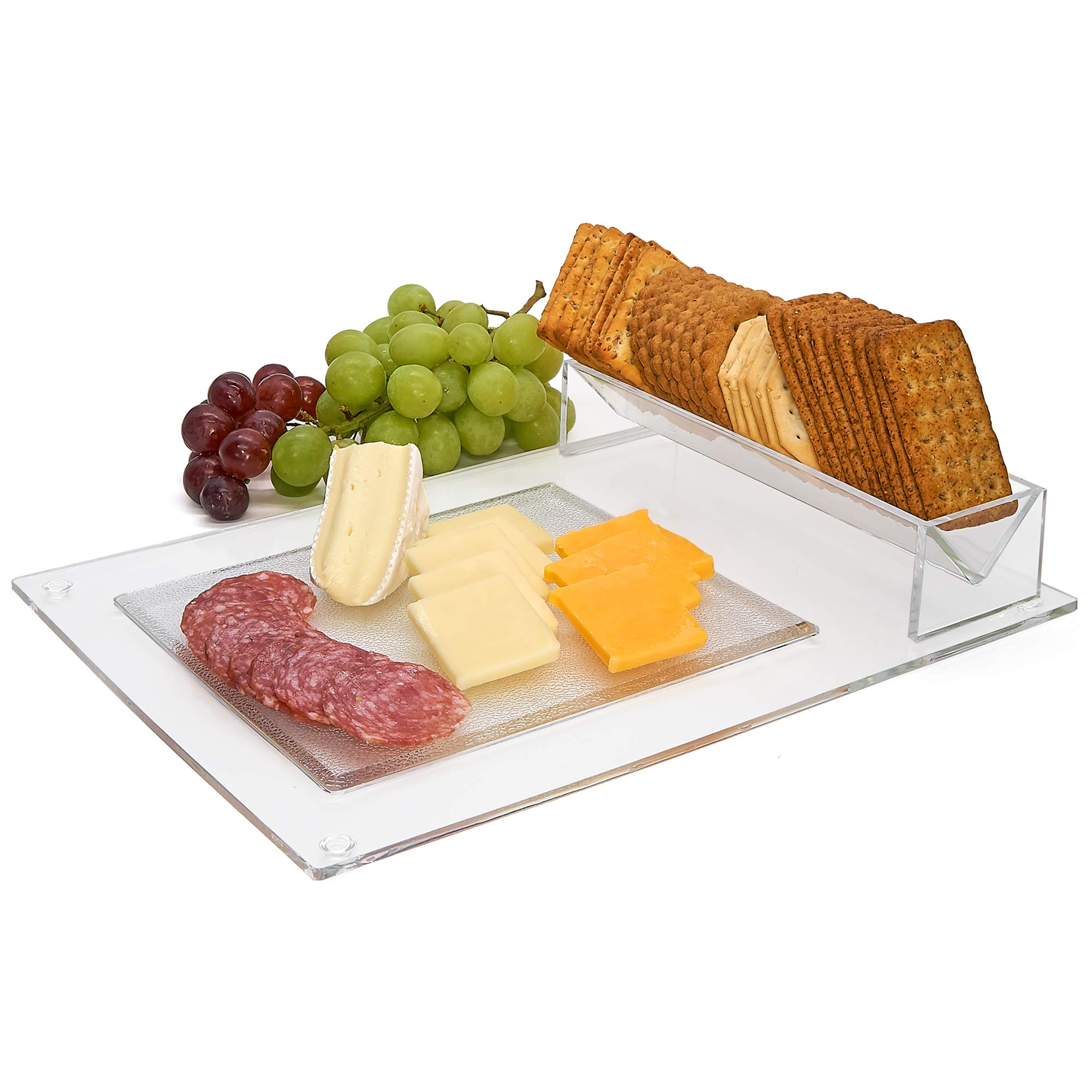 Srenta 9” Clear Acrylic Cheese And Cracker Server And Holder Tray|12” Wide Food Display Stand |Shatterproof | Unbreakable | Reusable |Indoor or Outdoor Serving Tool For Home, Wedding Events, Parties