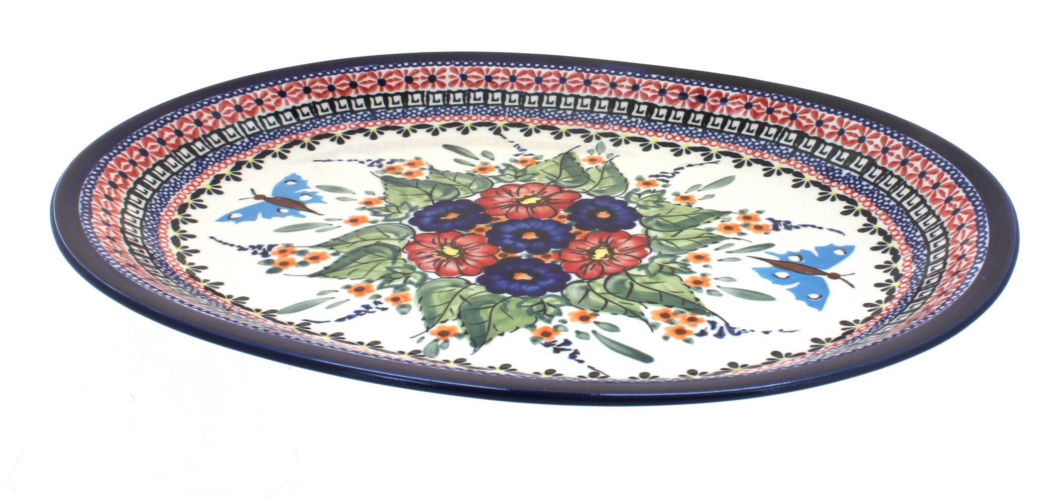 Blue Rose Polish Pottery Floral Butterfly Large Serving Platter