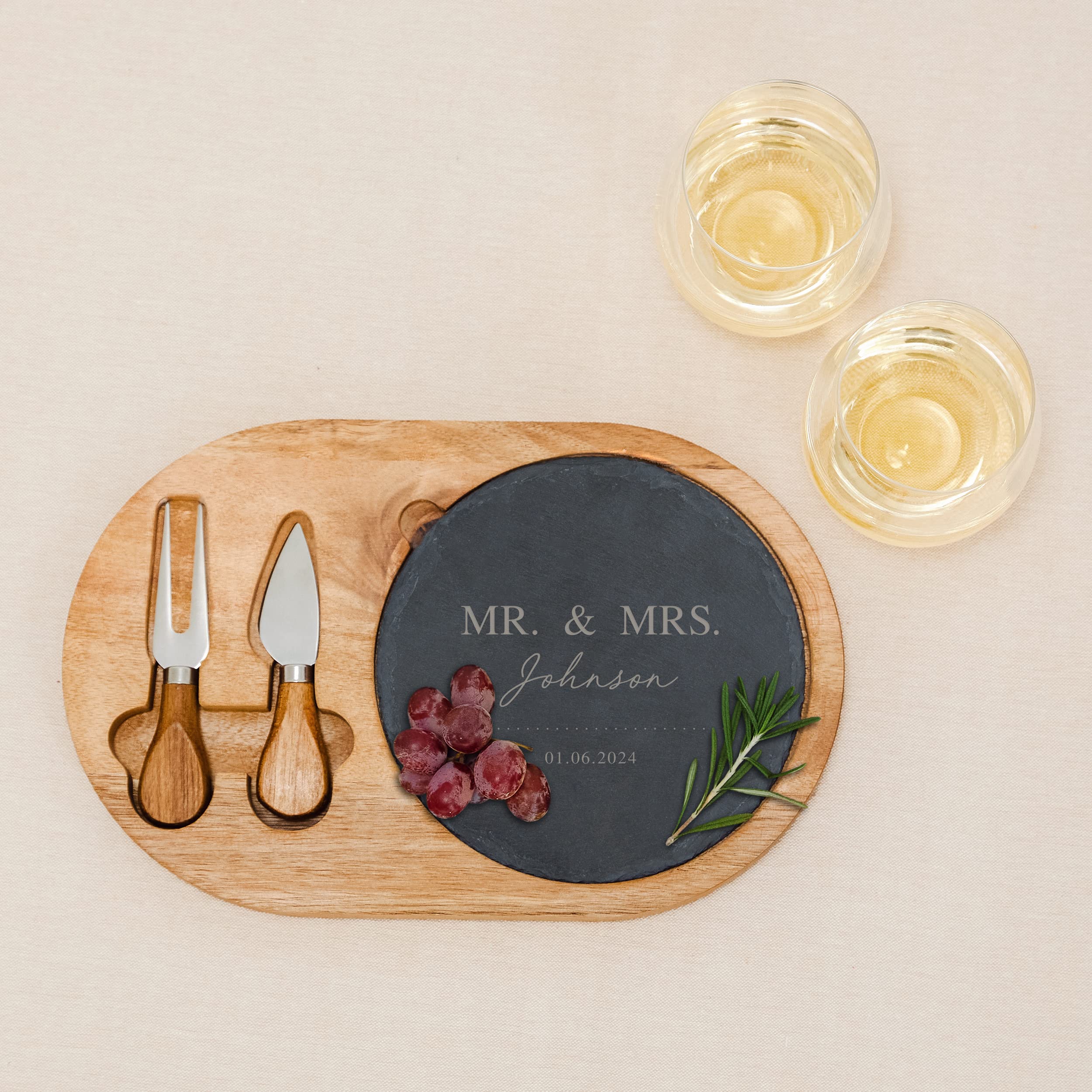 Weddingstar Custom Engraved Circular Wooden Acacia Plank and Slate Serving Tray Set with Fork and Cheese Knife - Mr. & Mrs.