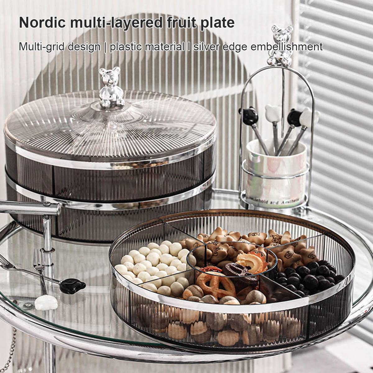 Snack Serving Tray, Dry Fruit Snack Relish Tray with Lid, 5 Compartments Snack Trays for Party, Plastic Appetizer Tray, for Dried Fruits, Nuts, Candies, Sweet Cookies and Fruits