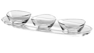 barski - european glass - oval - serving tray - platter - 19.5" long - with three small bowls - 5" diameter - could be used for snack server or for dips - 4 piece set - made in europe