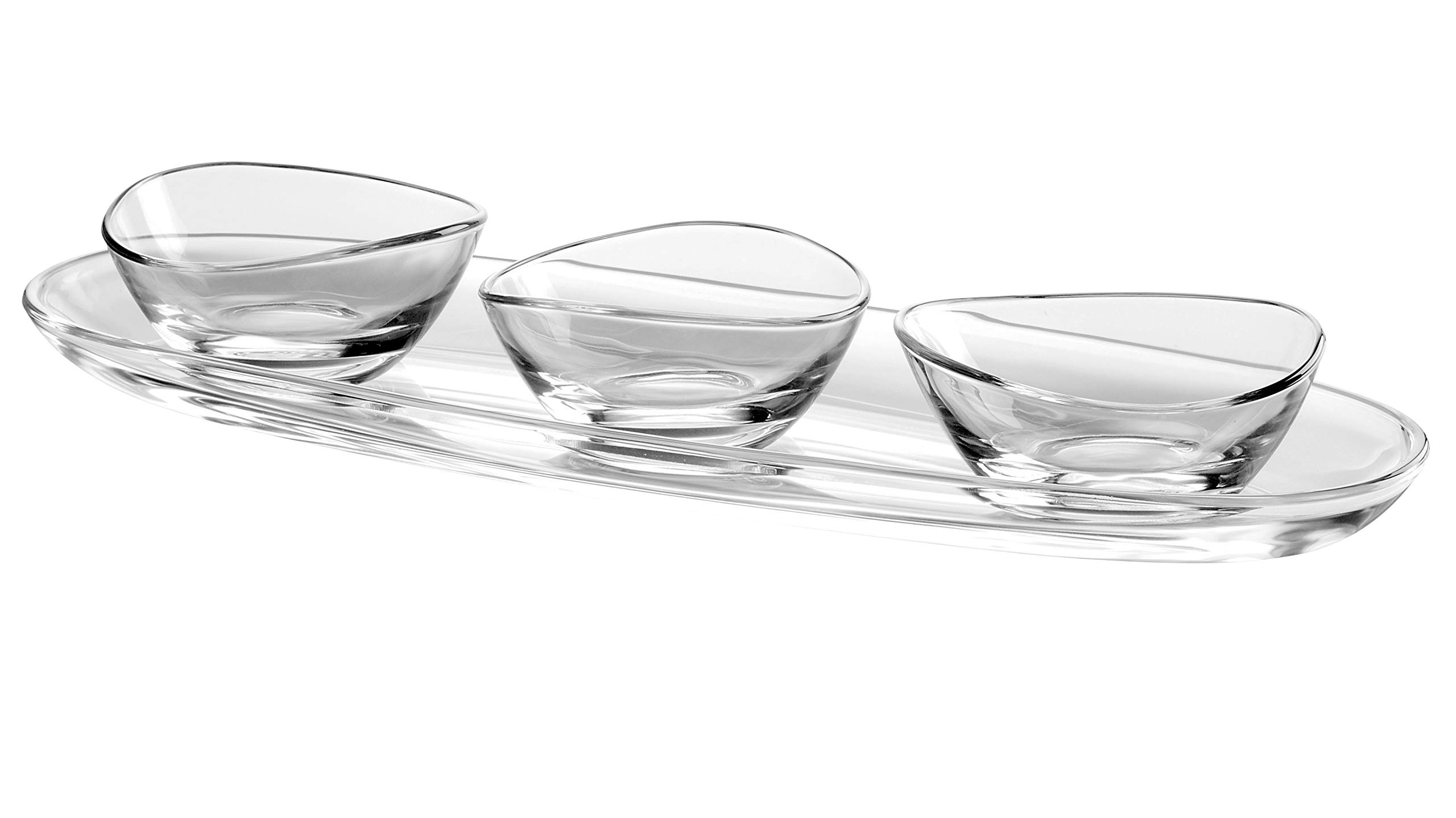 Barski - European Glass - Oval - Serving Tray - Platter - 19.5" Long - with Three Small Bowls - 5" Diameter - Could Be Used for Snack Server Or for Dips - 4 Piece Set - Made in Europe