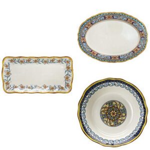 euro ceramica duomo dinnerware jumbo serving bundle – 1 piece rectangular platter + 1 piece oval platter + 1 piece serving bowl – floral