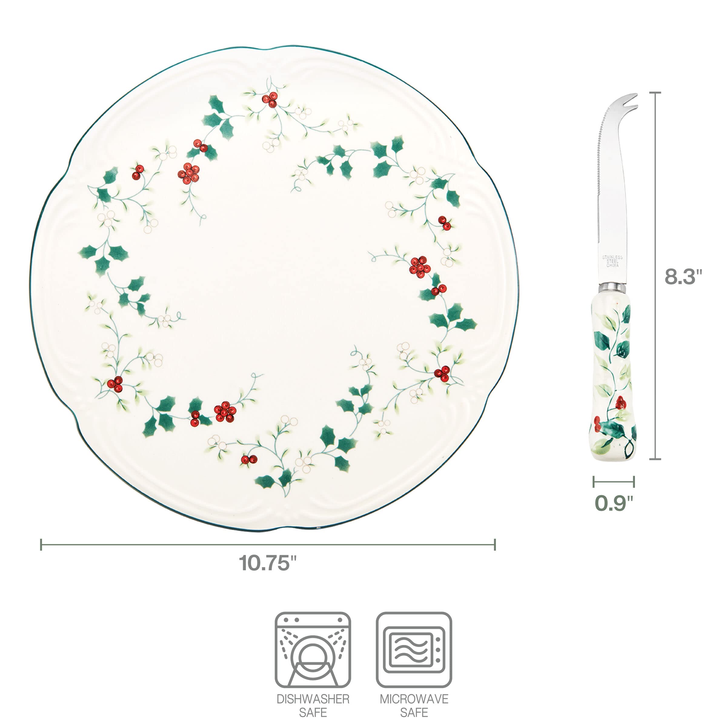 Pfaltzgraff Winterberry Platter Tray with Cheese Knife, 10.75 Inch, Multicolored