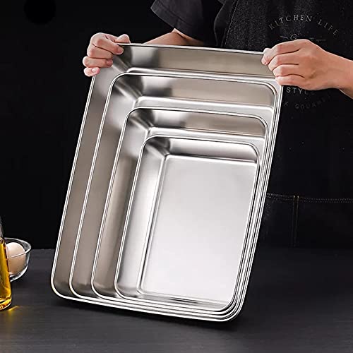 Stainless Steel Rectangular Food Trays Barbecue Fruit Bread Storage Plate Kitchen Steamed Deep Pans Dish Bakeware Baking Tools (26x20x5cm)