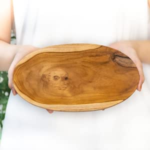 Rainforest Bowls Set of 2 Medium Oval Javanese Teak Wood Plates- 9"x6"- Perfect for Everyday Use- Hot & Cold Friendly, Ultra-Durable, Premium Wooden Plates- Handcrafted by Indonesian Artisans