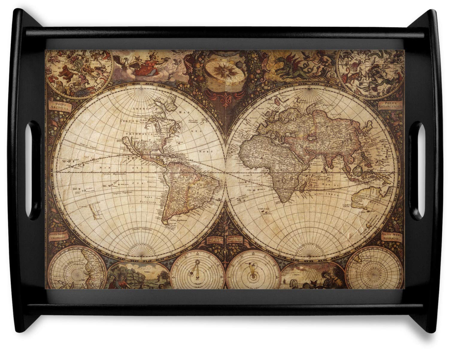 Vintage World Map Black Wooden Tray - Large