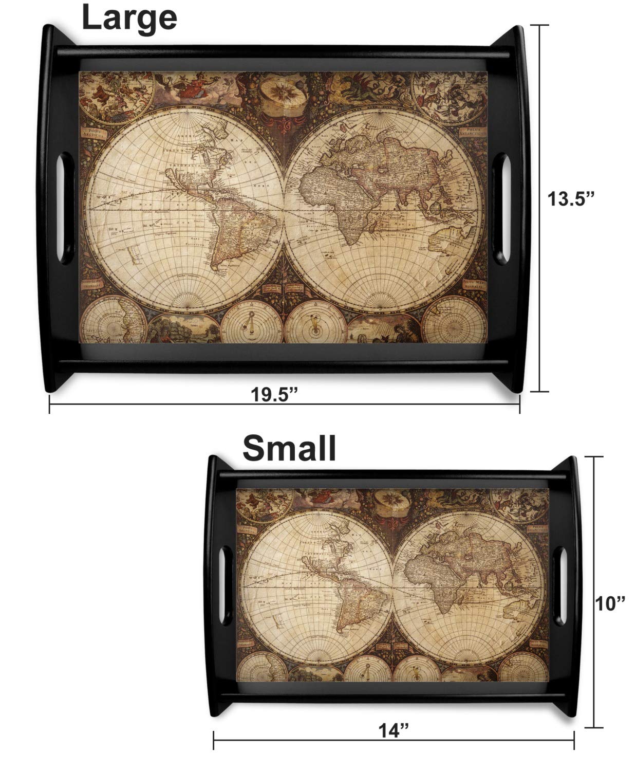 Vintage World Map Black Wooden Tray - Large