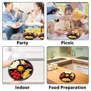 Apatal 12Pcs Disposable Fruit Trays, Round Plastic Appetizer Serving Tray with Lid 5 Compartment Party Platters Divided Food Dip Containers for Snack Vegetable Salad Veggie Fruit Organizer-Black