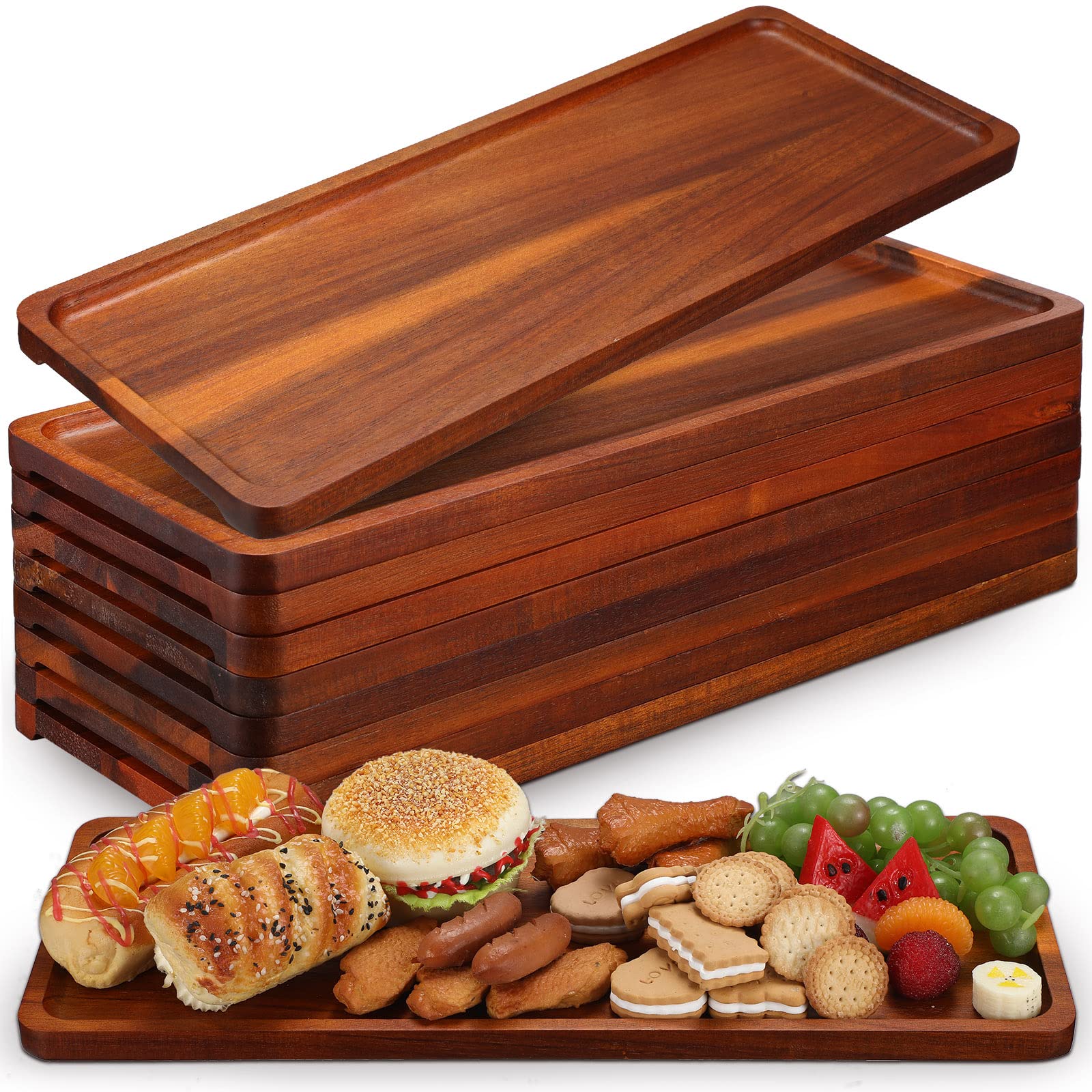 10 Pack Solid Wood Serving Trays Acacia Wooden Server Platter Rectangular Charcuterie Boards with Grooved Handle for Home Room Coffee Cheese Appetizer Table Farmhouse Serving Decor (16.7 x 6.4 Inch)