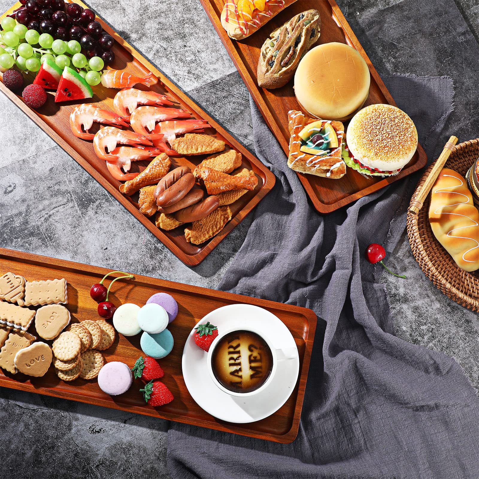 10 Pack Solid Wood Serving Trays Acacia Wooden Server Platter Rectangular Charcuterie Boards with Grooved Handle for Home Room Coffee Cheese Appetizer Table Farmhouse Serving Decor (16.7 x 6.4 Inch)