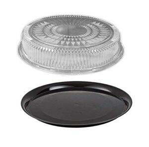 durable packaging 16" black round flat catering serving party tray food platter + clear dome lid (pack of 25)