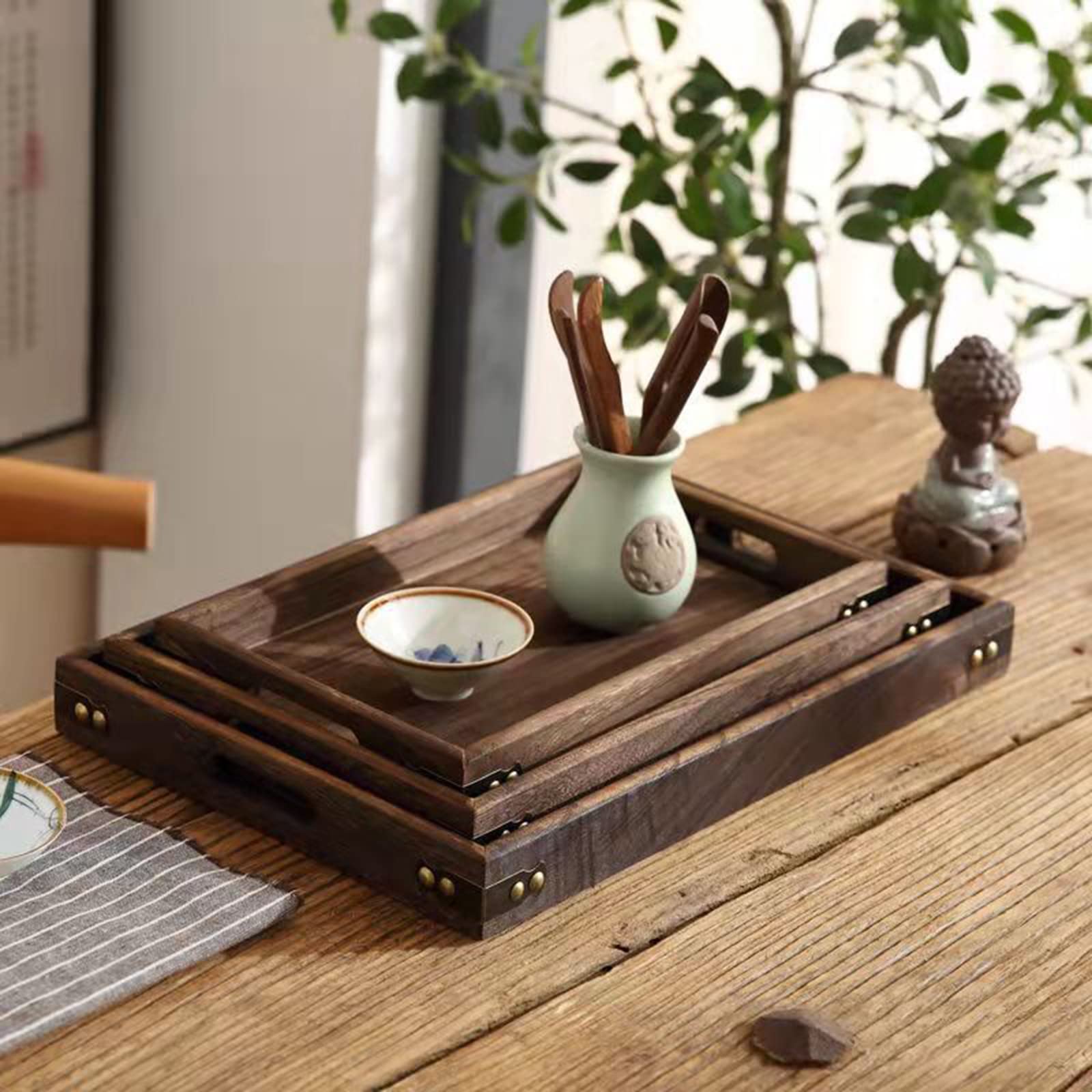 Ochine Rustic Wooden Serving Trays Bamboo Serving Tray Wood Serving Tray with Handles Rectangular Wooden Breakfast Tray Ottoman Tray Multipurpose Trays for Breakfast, Coffee Table/Butler & More