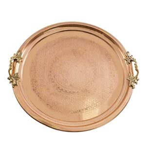 traditional design handmade hammered copper serving tray with brass handle large platters- decorative centerpiece kitchen multi-purpose coffee table dinner breakfast food farmhouse- 35.5cm 13.9"