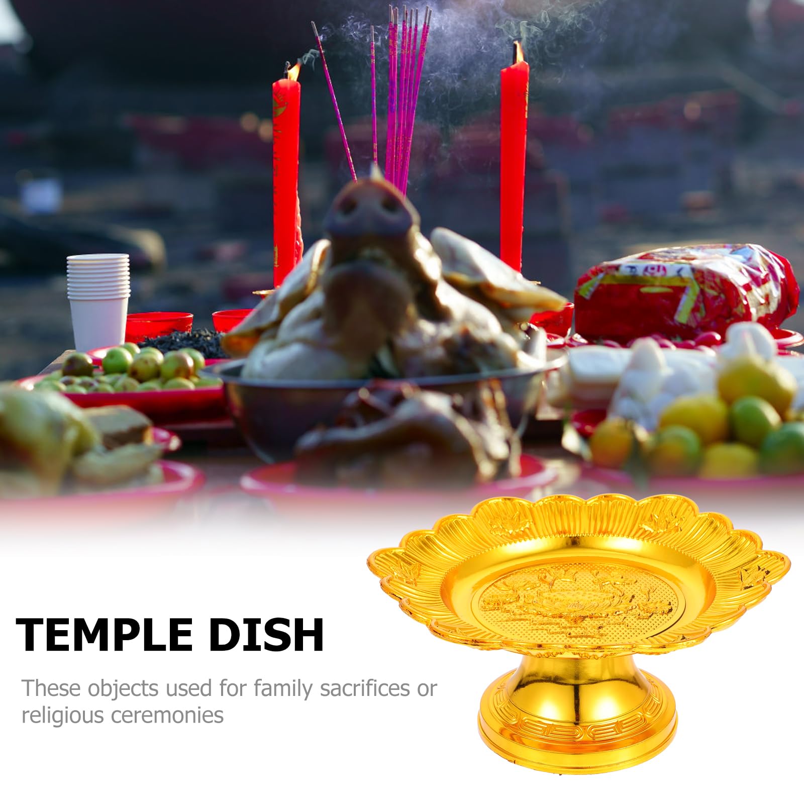 Buddha Altar Fruit Plate：2PCS Offering Plate Tribute Serving Trays - Offering Fruit Desserts and Snacks for Buddha Altar Temple - Gold (8 Inches)